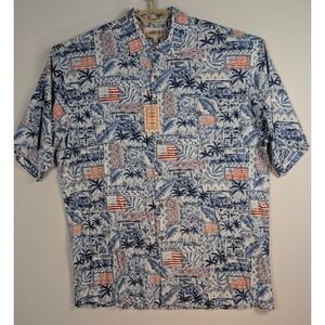 NWT Campia Moda Hawaiian Shirt Mens L Blue Patriotic USA Flag Palm Trees